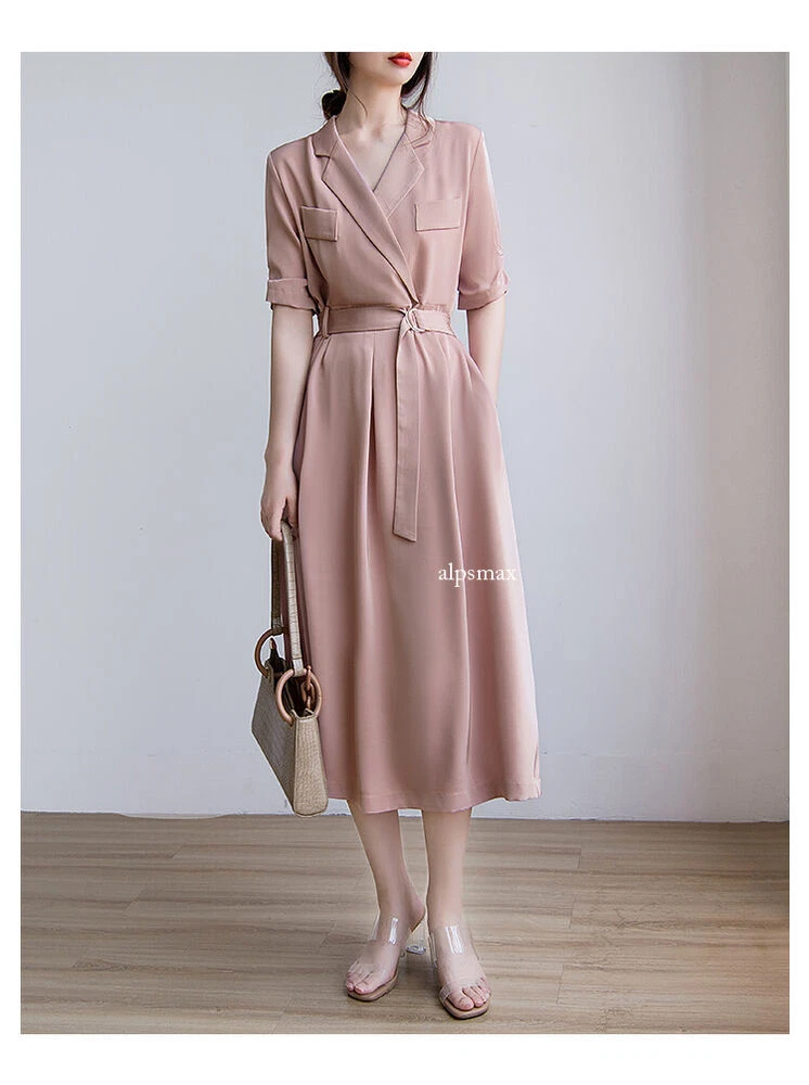 OFF WHITE Abito rosa completo colletto donna con cintura OL formale estivo linea A vita gonne lunghe