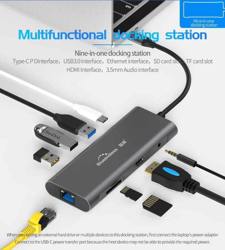 9 in 1 HDMI USB 3.0 Port Universal Docking Station support Type-C PD fast charge - Image 2 of 4