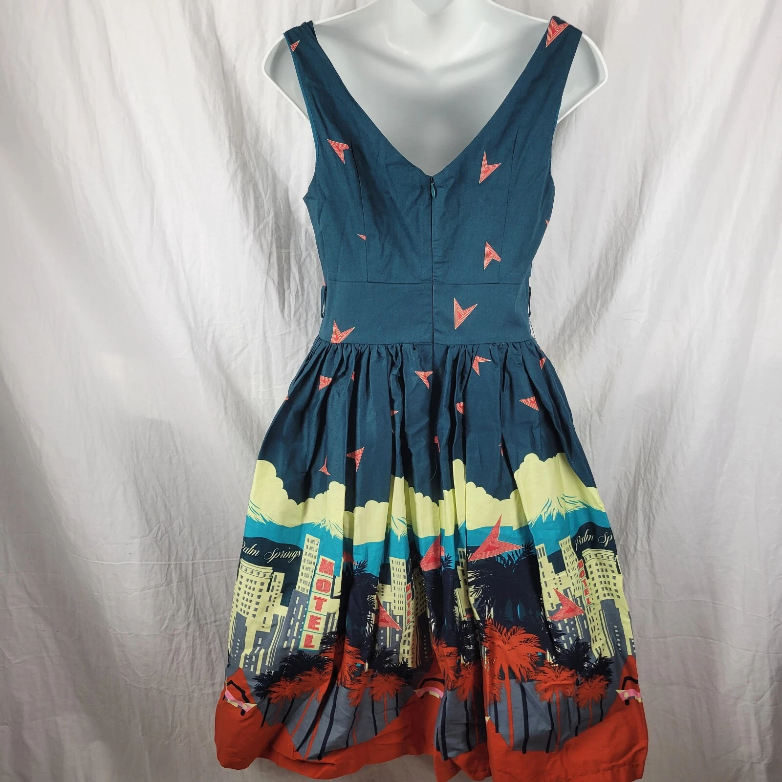 PALM ANGELS Abito Lindy Bop Delta retrò Palm Springs plissettato linea A nuovo con etichette taglia 4 senza cintura