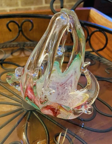 Original Vintage Art Glass- Murano Pulled Art Glass Basket- Candy Dish- Bowl