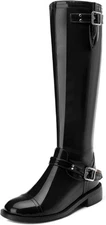 AMBELIGHT Flat Knee High Boots for Women Zipper Round Toe Patent Low Heel... 