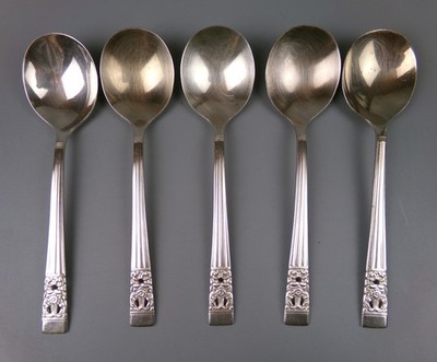 Versilberte Suppenlöffel x 5 von Oneida Community ''Krönung''. Vintage. 7 zoll