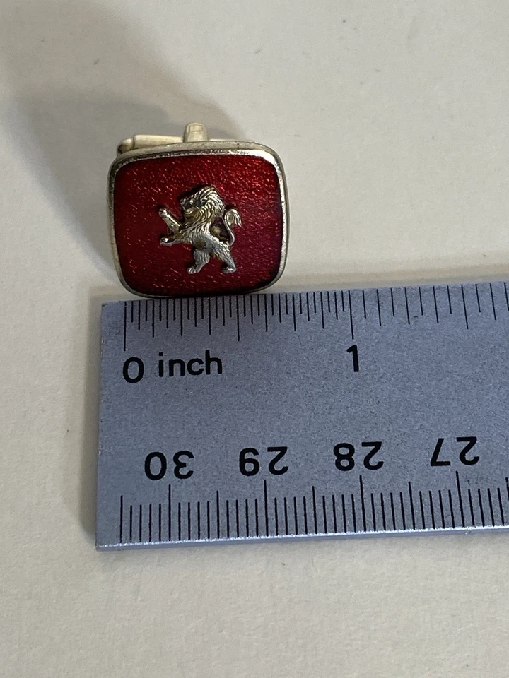 Red Rampant Lion Cufflinks Coat of Arms Vintage Enamel Rare 3D Effect .75” - Image 3 of 3