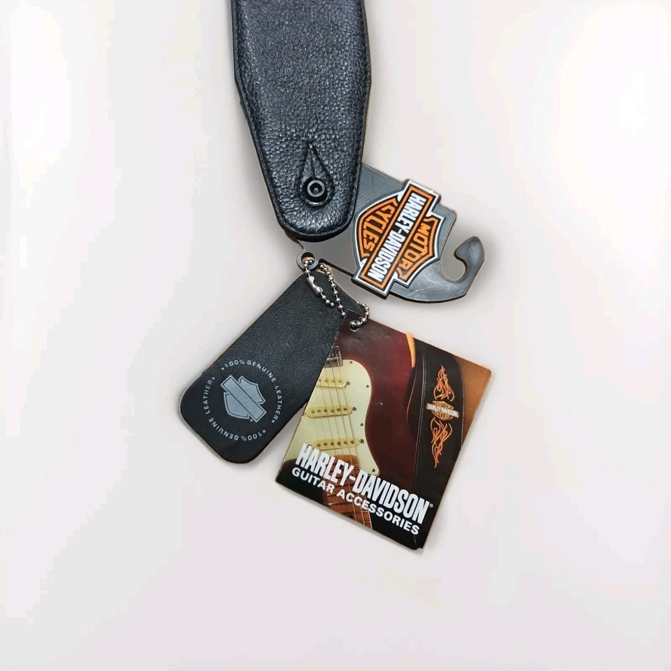 NUEVA Correa de Guitarra Harley Davidson Cuero Negro Bordado Naranja Foto 2 de 4
