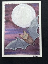 ACEO Original Watercolor Mini Painting Of A Bat Flying With A Full Moon