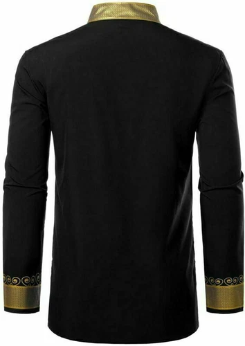 Hot Men Print Shirt African Dashiki Luxury Tribal Metallic Gold Top Blouse Shirt - Picture 8 of 17