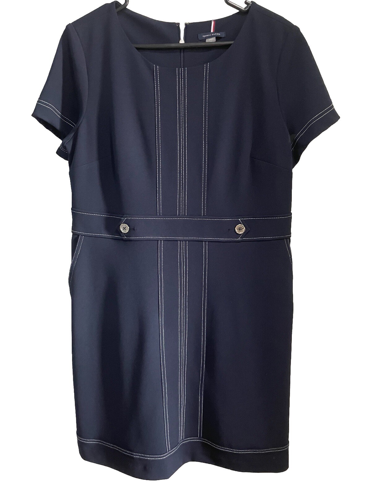 Tommy Hilfiger Navy Stretch Short Sleeve Dress with White Stitching and Pockets Size 14