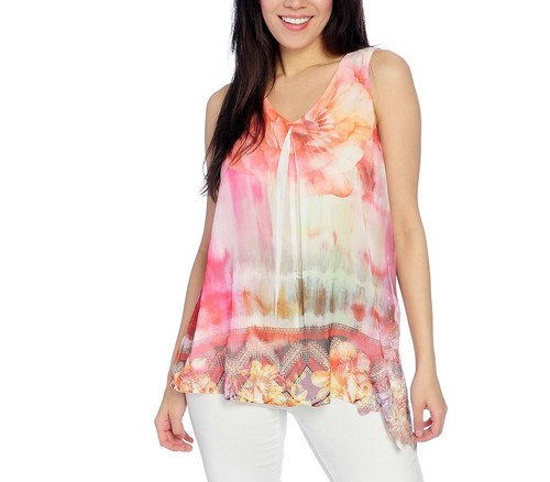 NEW One World Printed Woven V-Neck Lace Detailed Pleated Tank Top - Picture 6 of 6