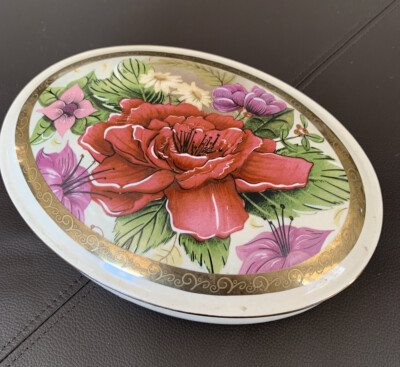 Vintage 1995 Porcelain Floral Music Box Jewelry Trinket Decorative