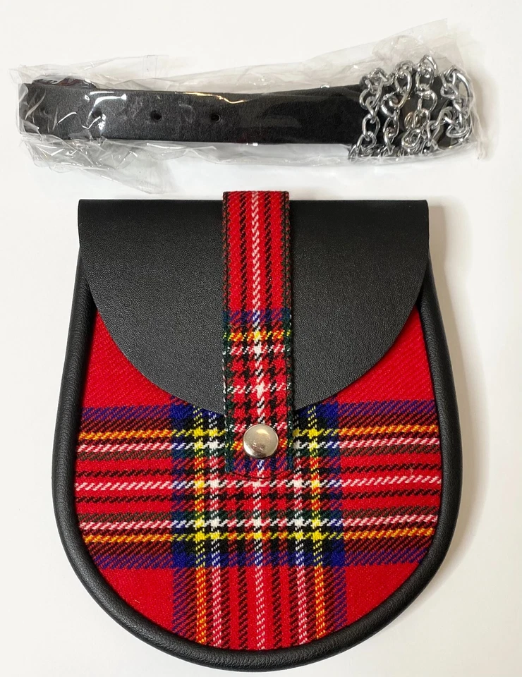 Red Plaid Sporran, with Black Leather Sporran, comes with Belt and Chain - Image 2 of 4
