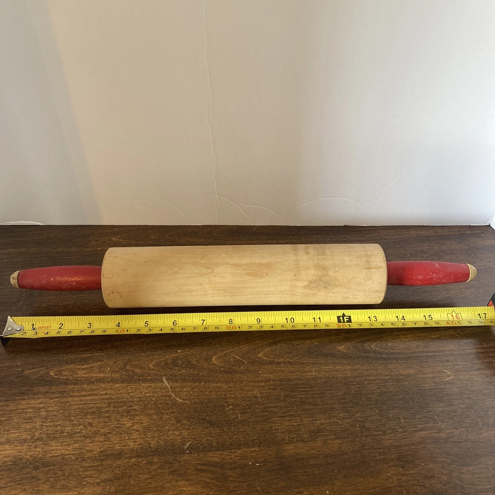 Vintage 17" Old Primitive Wood Rolling Pin Red Wood Handles Farmhouse Decor