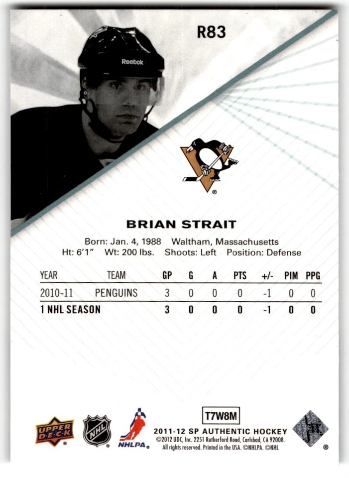Brian Strait 2011-12 SP Authentic Extended Rookie #R83 Pittsburgh Penguins - Image 2 of 2