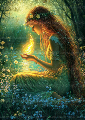 Brigid Kunstdruck Keltische Feuergöttin von Wasser Blumen Flamme in der Hand Fantasy X91
