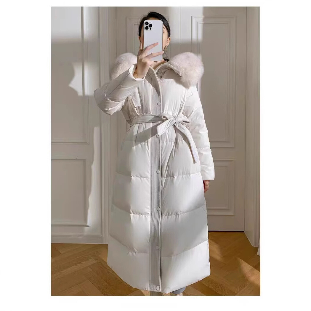 Luxury Real Fox Fur Big Collar Women Hood Down Puffer Jacket Long