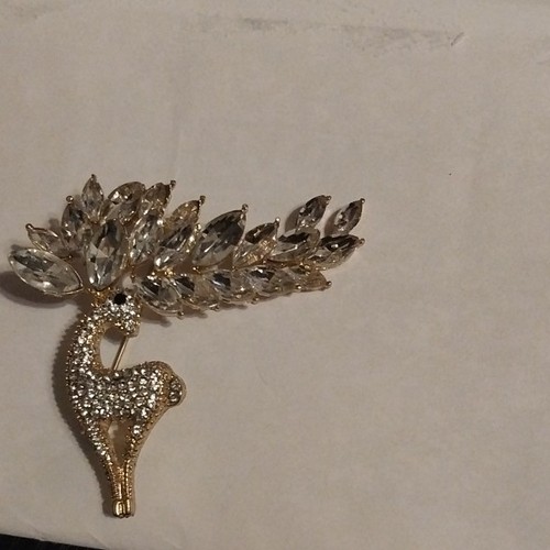 Gold Tone Clear Rhinestone Bird Brooch Pin Marquise Prong-Set Simulated
