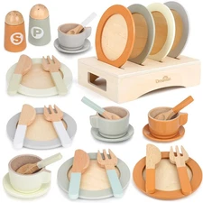 Wooden Play Dishes and Plates for Kids Kitchen Set, 27 PCS Wooden Play Kitchen A