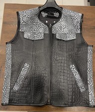 Real Leather Black Embossed Vest with White Skin Detail, Biker Style