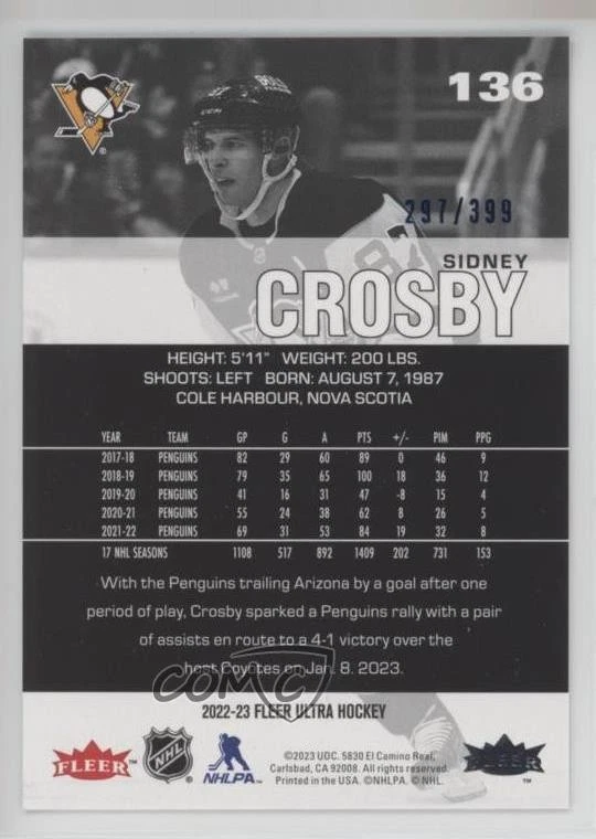 2022-23 Upper Deck Fleer Ultra Blue Foil /399 Sidney Crosby #136 - Image 2 of 2