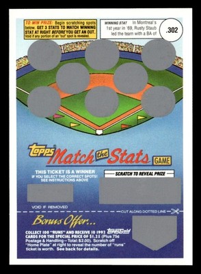 Rusty Staub 1992 Topps Match The Stats Game .302 AVG Card Montreal Expos