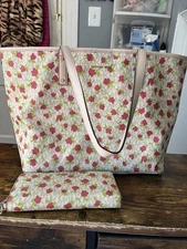MICHAEL KORS LARGE TOTE BAG PURSE MINI ROSE FLORAL HANDBAG-VANILLA With Wallet