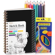Sketch Book with 12 Color Pencil Set, 90 Sheets Spiral Sketchbook for Drawing...
