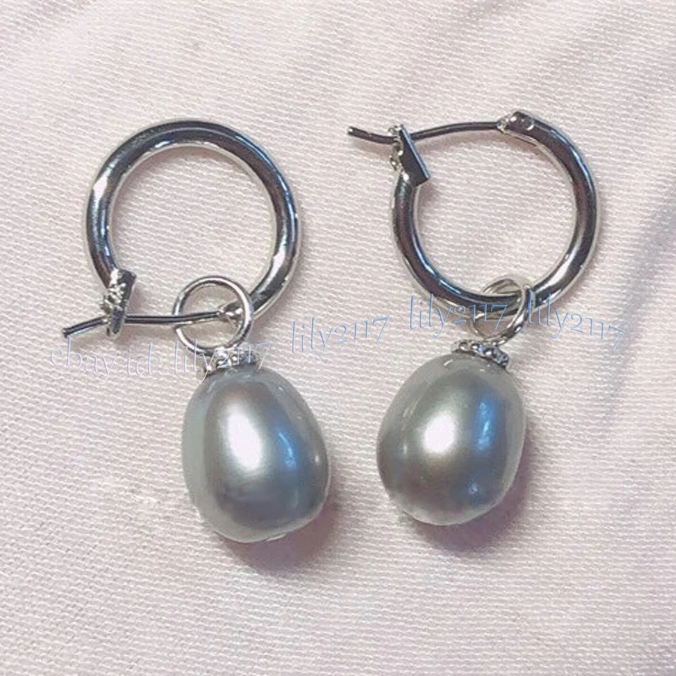 AAA 9-10mm Genuine Natural Gray South Sea Pearl Dangle Earrings 14K White Gold - Image 4 of 4