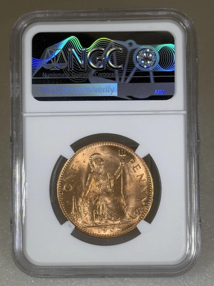 1965 GREAT BRITAIN BRITANNIA LARGE COPPER PENNY NGC MS64 RD LOW MINTAGE - Image 4 of 4