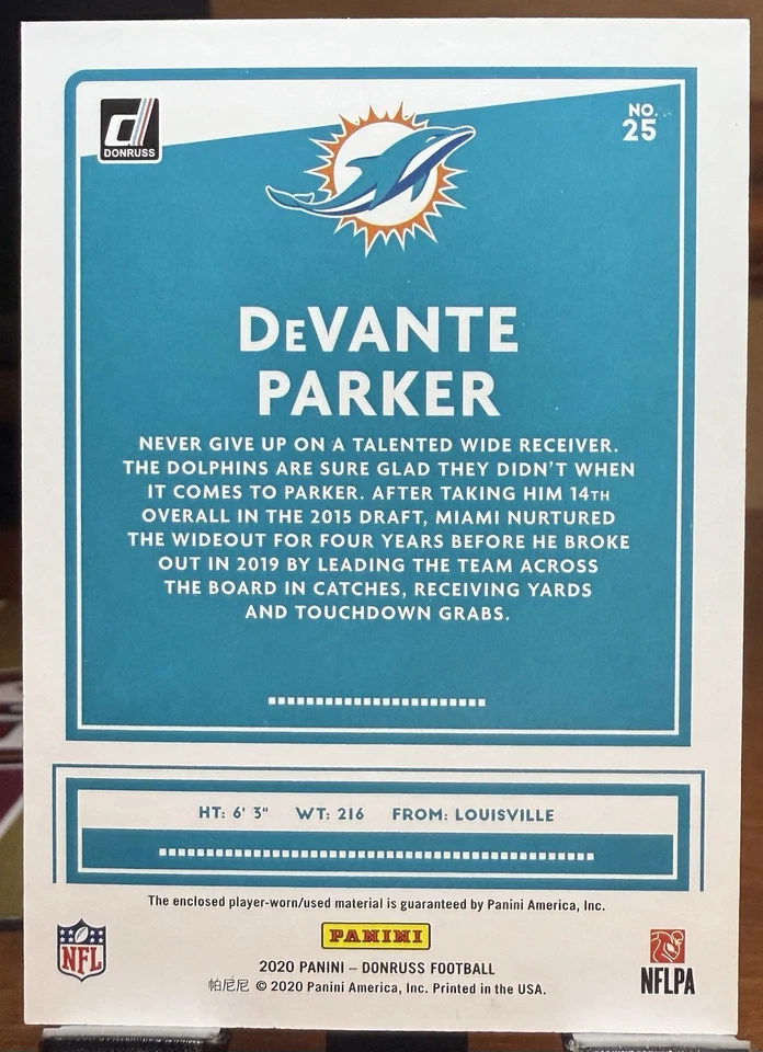 2020 Donruss Threads Game Worn Patch - DeVante Parker #25 - Image 2 of 2
