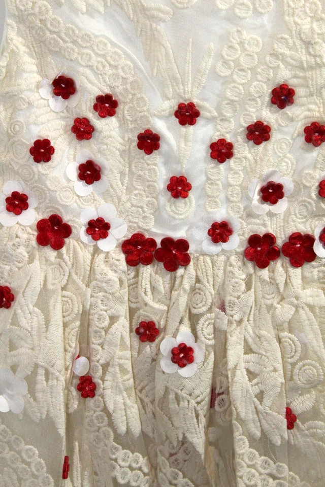 Girls Dress Cream Embroidered with dainty Red Flowers Size 4T by Halabaloo - Image 2 of 4