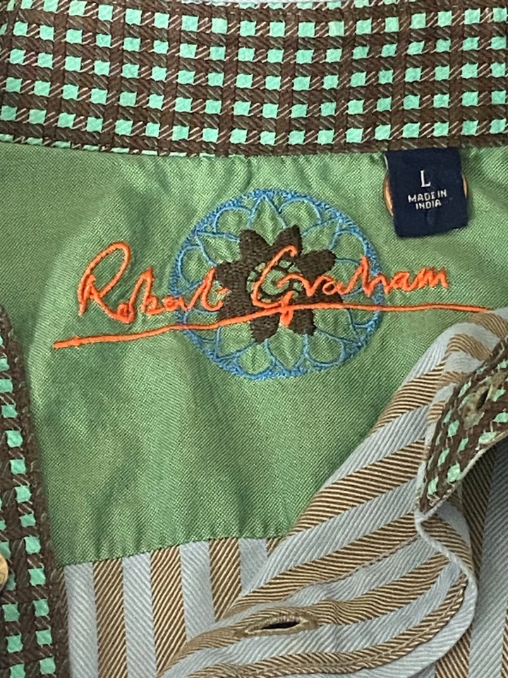 Robert Graham Mens Shirt L Blue Brown Stripes Flip Cuffs & Collar Long Sleeve - Image 2 of 4