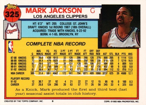 1992-93 Topps Gold #325 - Mark Jackson - Los Angeles Clippers 92-701 - Picture 2 of 2