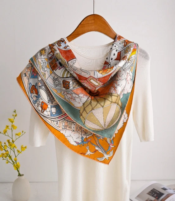 100% Fireworks Silk Neckerchief 26'' Scarf Shawl balloon Print Bandanna Square