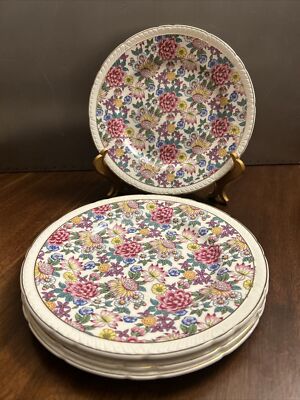 Royal Tudor Ware Set of 4 Plates 8  Barker Bros England Floral w Gold Accent (G2