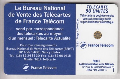 Télécarte France 50 Unités 05/93 – Édition Bureau National Des Ventes, Puce GEM, Très Bon état