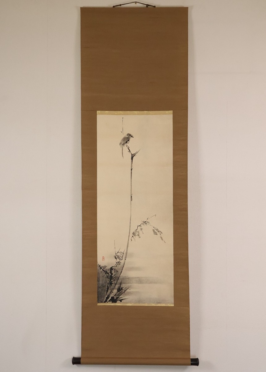 ◆掛軸 水墨画 華岳◆Japanese arts hanging scroll Japanese Hanging Scroll Shrike on Withered Tree KAKEJIKU By