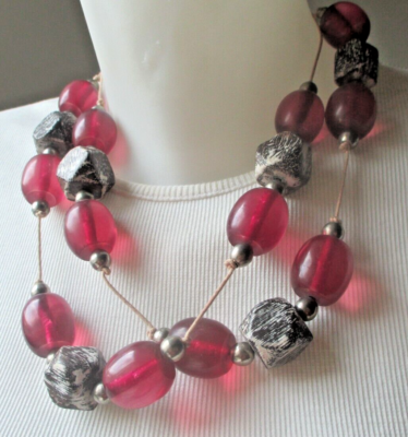 Collier Sautoir Ancien En Perles Nacrées Beige Rosé Avec Nœud – Bijou Vintage, Occasion