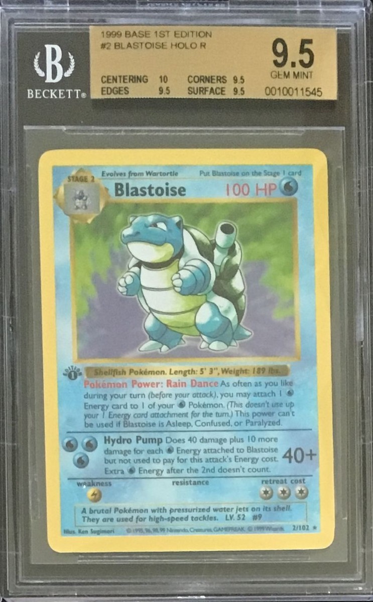 BGS 9.5 w/10 BLASTOISE 1999 Pokemon Base 1st Edition #2 Holo