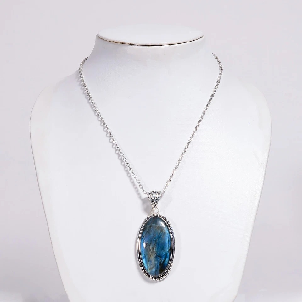 Natural Labradorite Oval Pendant  handmade sterling silver 925 pendant for Gift - Image 4 of 4