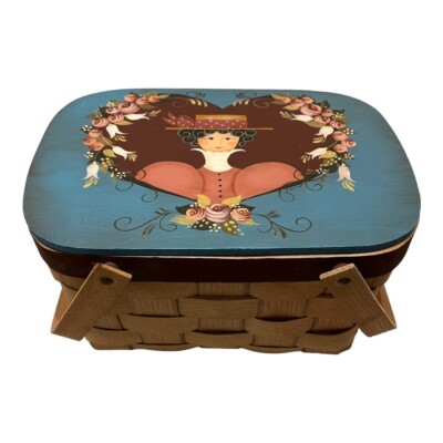 Rare Signed Hand Painted Russian Folk Art Lady Rose Woven Picnic Basket Blue Lid