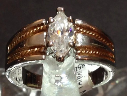 Two Tone Gold Plated Ring Size 9 Clear Stone Taiwan Seta - Picture 4 of 12
