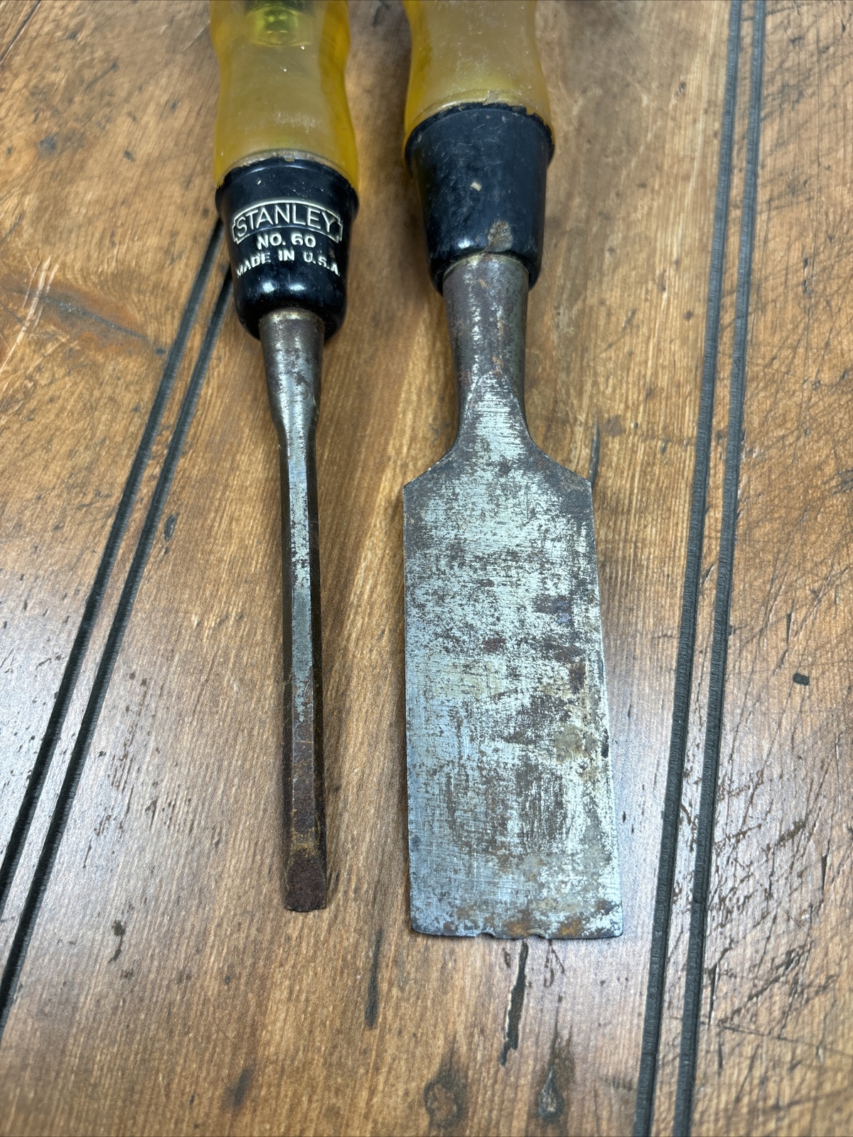 2 Vintage Stanley Chisels No. 60 Woodworking Tools USA Rust Yellow