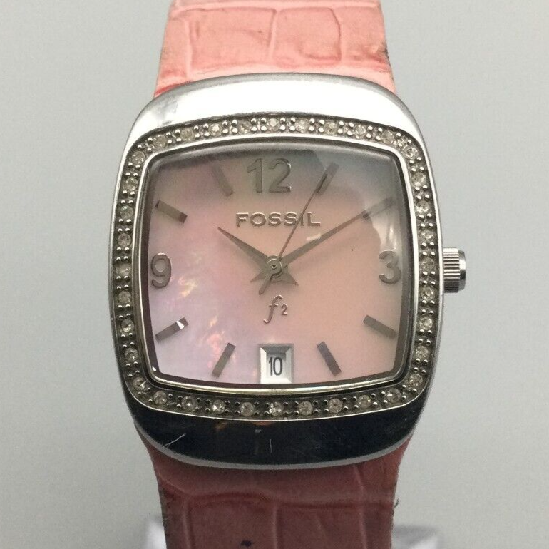 Fossil Watch Women 25mm Silver Tone Pink MOP Square Bling