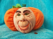 Pumpkin Plush Stuffins Flocked Wacky Creepy Face Halloween Jack-O-Lantern Vtg 97