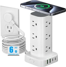 Tower Power Strip with 15W Wireless Charger, 6FT Flat Plug Extension Cord with M