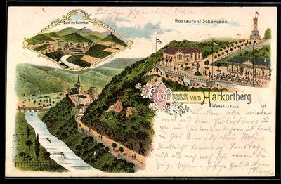 Lithographie Wetter a. d. Ruhr, Totalansicht mit Restaurant Schemann am Harkort 