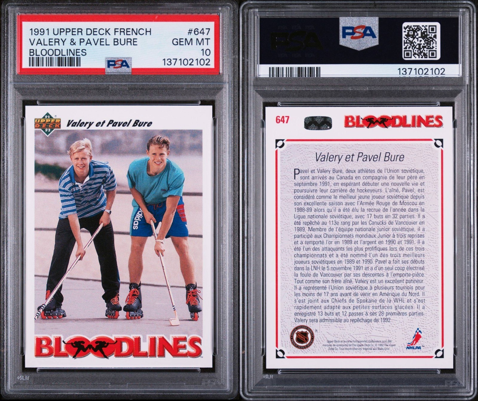 1991 UPPER DECK FRENCH SP #647 PAVEL BURE BLOOD LINES PSA 10 GEM MINT POP 7