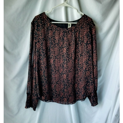 everleigh Black Pink Floral Sheer Chiffon Smocked Pullover Blouse Long Sleeve