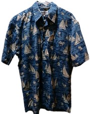 Vtg Campia Mode Blue Hawaiian Shirt Men Size Medium Sailboats Palm Trees Aloha