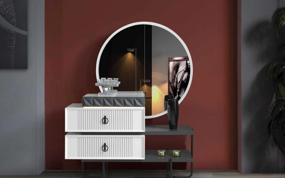 Weiß-Schwarzer Schminktisch Mit Spiegel Schlafzimmer Luuxs Möbel 2tlg - Bild 1 von 1