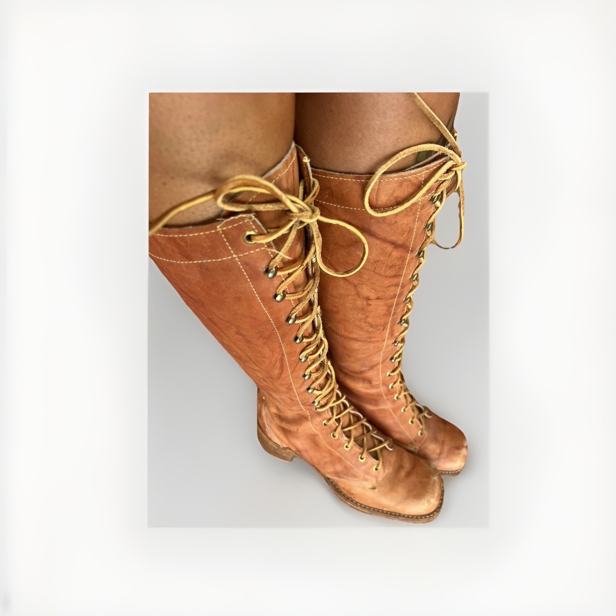 VINTAGE 70s Campus BOOTS Lace Up Tall Square Toe Western Cottage